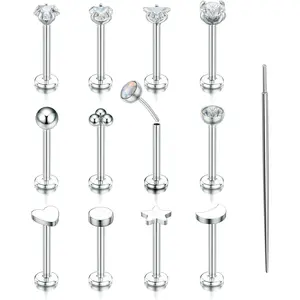 12Pcs 16G 18G Flat Back Earrings 316L Surgical Steel Threadless Tragus Cartilage Nose Stud Push Pin Lip Stud Rings Medusa Piercing Jewelry Hypoallergenic for Women Men
