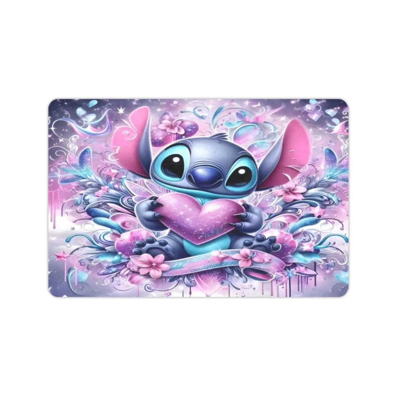 DISNEY CLASSIC Stitch Love Heart Floral Print Doormat, Non Slip Low Profile Floor Rug, Cute Cartoon Anime Indoor Outdoor Entrance Mat For Home Bedroom Decor