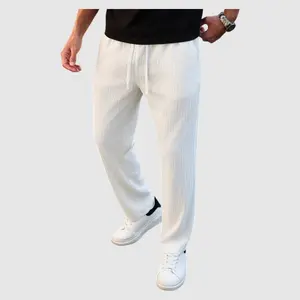 Men's White Crinkle Textured Casual Pants, Elastic Drawstring Waist Straight Leg Trousers, Lightweight Breathable Lounge Pants for Daily & Streetwear