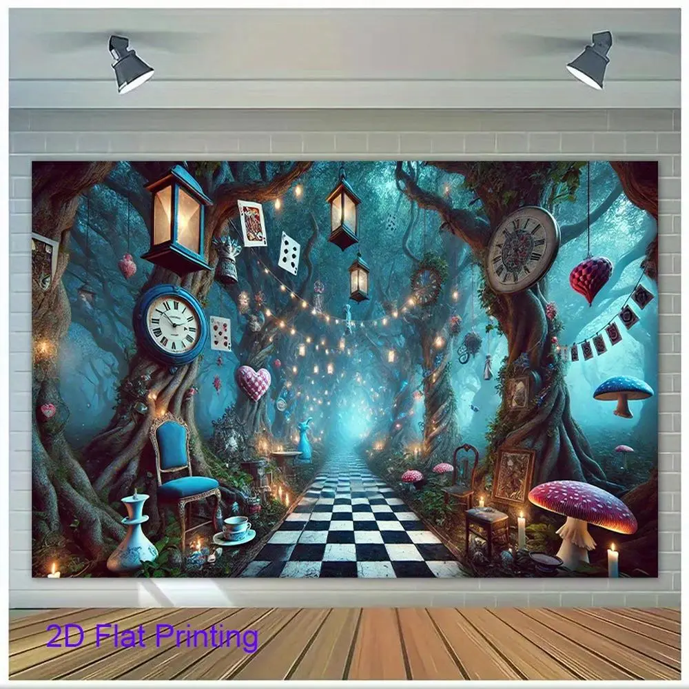 1PC 2D Flat Enchanted Forest Fairy-Tale Backdrop - Alice in Wonderland Style, Checkerboard Path, Mushrooms, Clocks Decor, Reusable Polyester Banner for Happy Birthday Party Photography, Festive Events