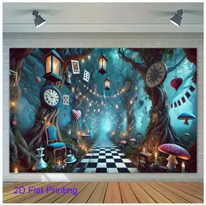 1PC,2D Flat Enchanted Forest Fairy - Tale Themed Backdrop, Alice in Wonderland Style, Checkerboard Path, Mushrooms & Clocks Decor, Festival Party Photography Backdrop, Event Scene Decoration Backg