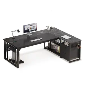 71 in Reversible L Shaped Executive Desk with Power Outlets Black
