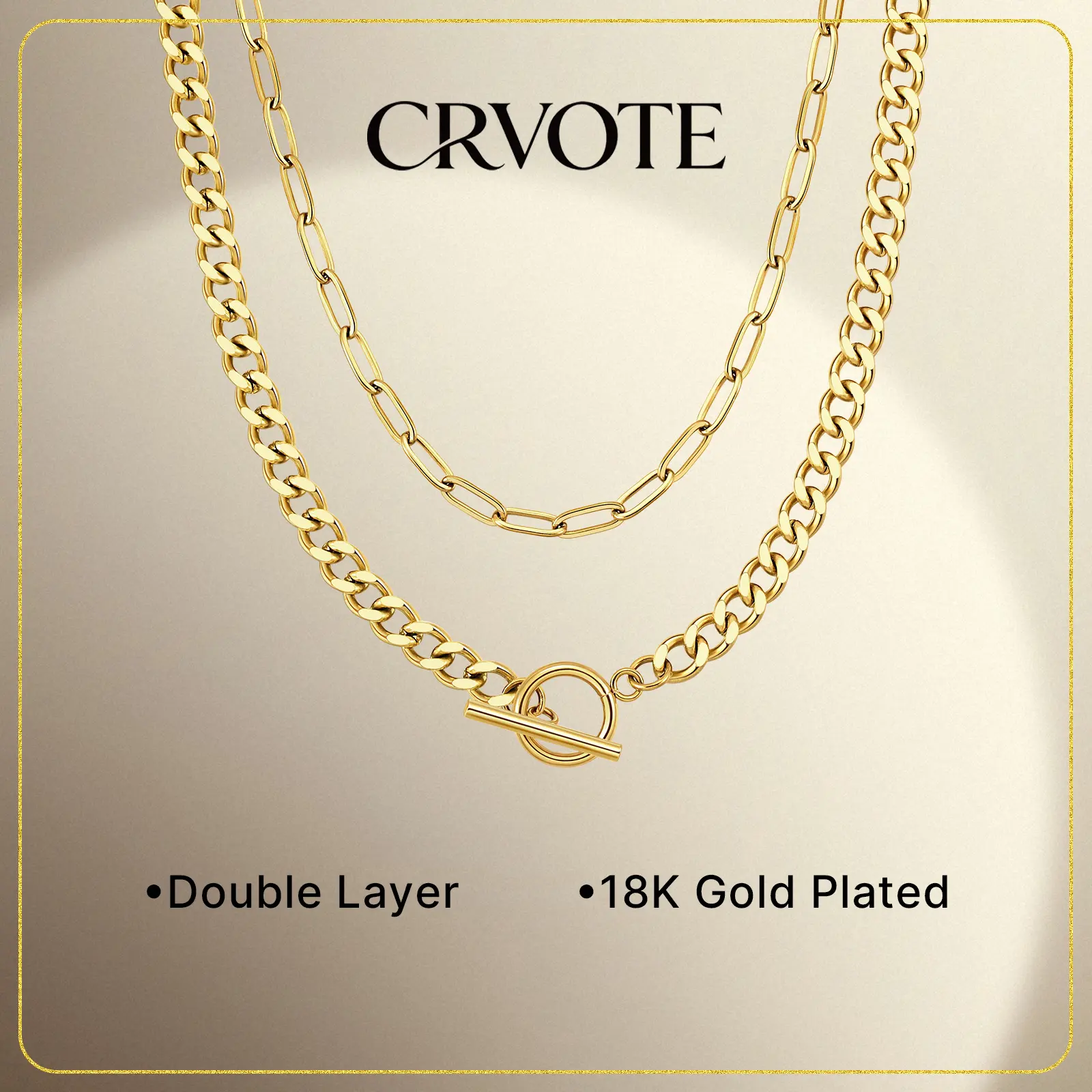 CRVOTE 18K Gold Plated Layered Necklace for Women, Paperclip and Cuban Link Chain with Front Toggle Clasp