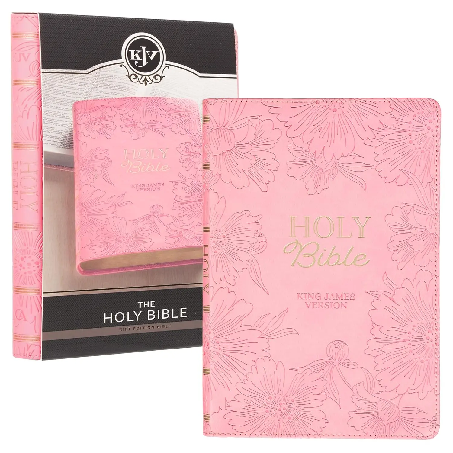 KJV Holy Bible - English King James Version Religious Gift Edition, 8.7x5.7x0.9in Stylish and Durable Hardcover, Faux Leather Flexible Cover, Blush Pink Floral Pattern (1992-Now Modern Age)