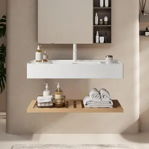 Unique Wall-Mounted 36" W Bathroom Acrylic Sink with Extra Wooden Shelf, Without Faucet
