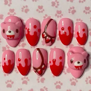Cute Spooky Y2K Nails, Cute Creepy Pink Bear Press On Nails with 3D Teddy, Red Blood Drip Design, Spooky Kawaii Handmade False Nails, Adorable 3D Cream Nail Art, Nail Charms, Trendy Stylish Press On Nail Set