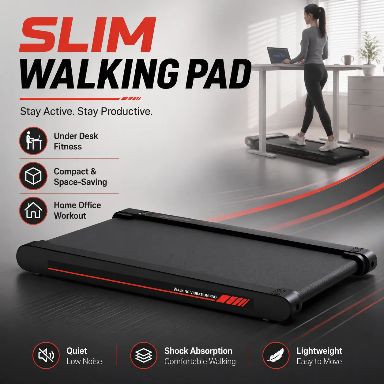 2-in-1 Slim Walking Pad Treadmill with Vibration Mode, Under Desk Walking Machine for Home Office, Portable Compact Treadmill with Shock Absorption & Low Noise Design