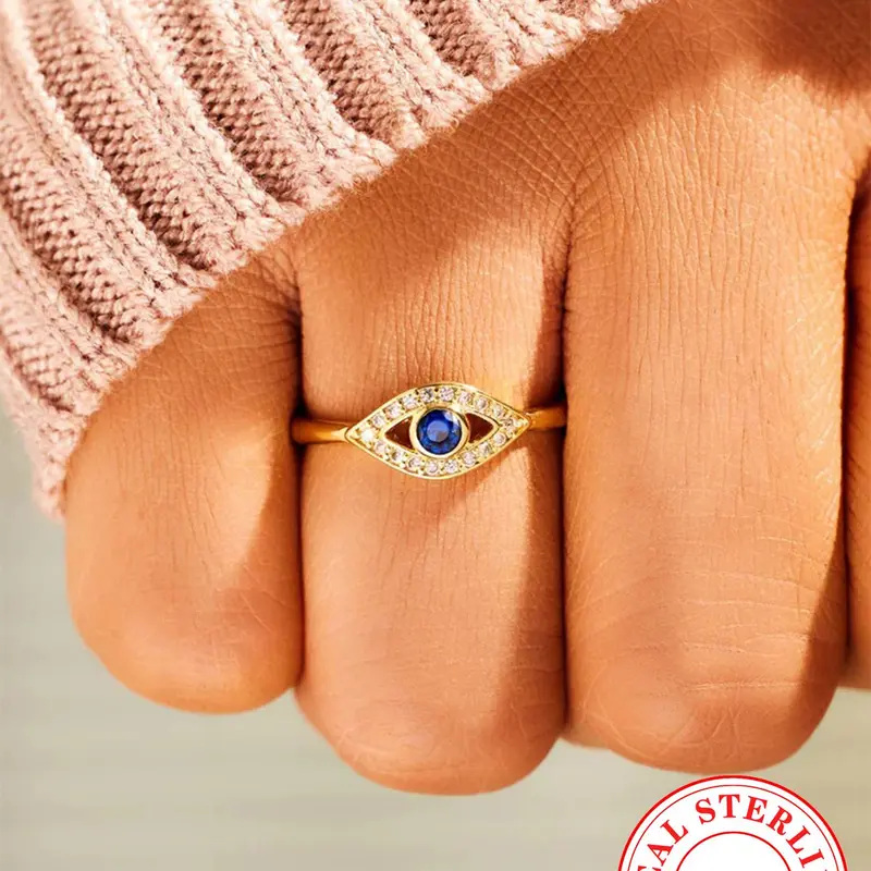 925 Sterling Silver Rhinestone Decor Eye Design Ring, Elegant Everyday Ring, Fashion Jewelry for Party, Daily Clothing Decor, Trendy All-match & Exquisite Jewelry for Gift, Beautiful Rings