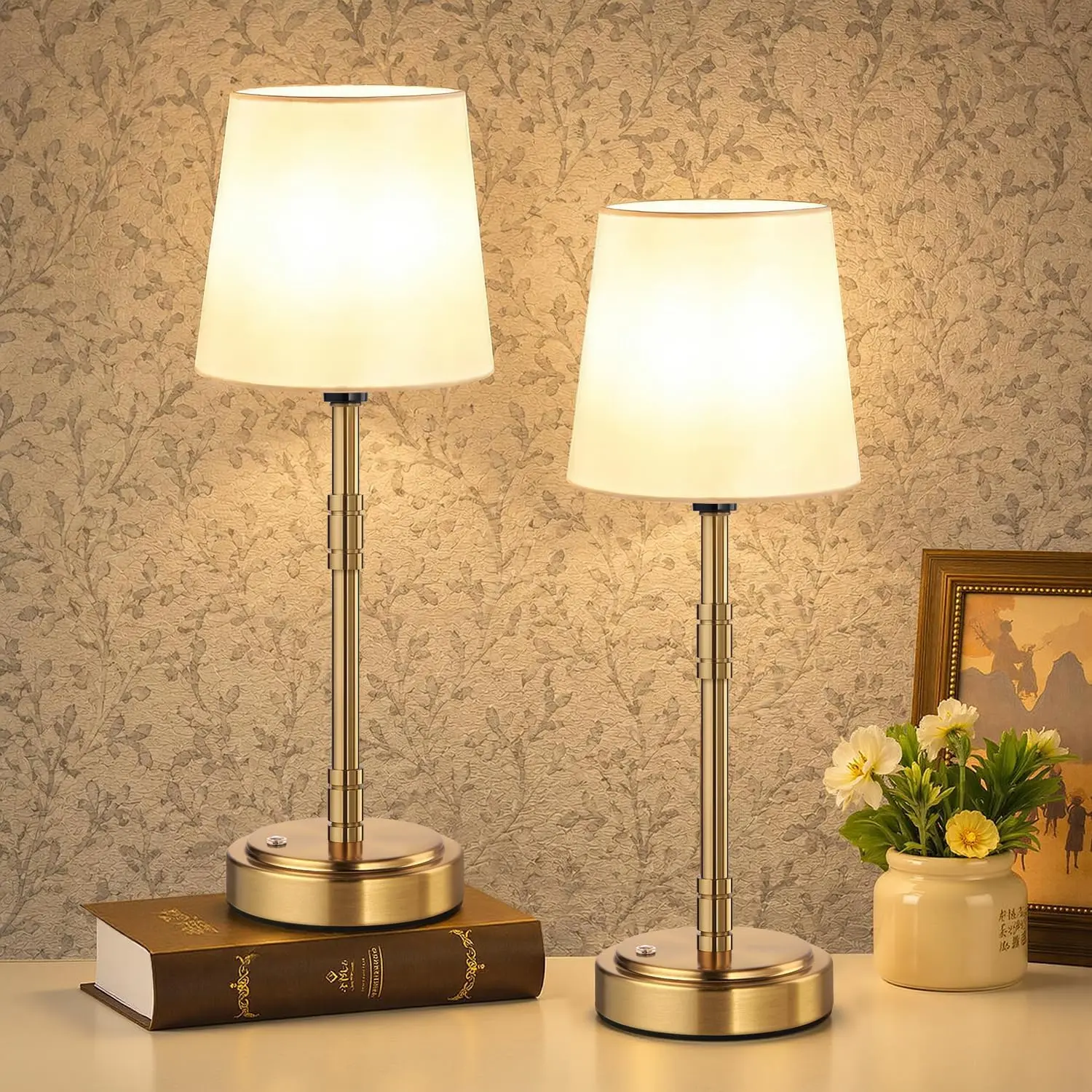 2-Pack Cordless Table Lamps - 7500mAh Rechargeable Battery-Operated, Stepless Dimmable Vintage Brushed Gold Lamps with Included Bulbs for Dining Room, Nightstand Indoor Lighting