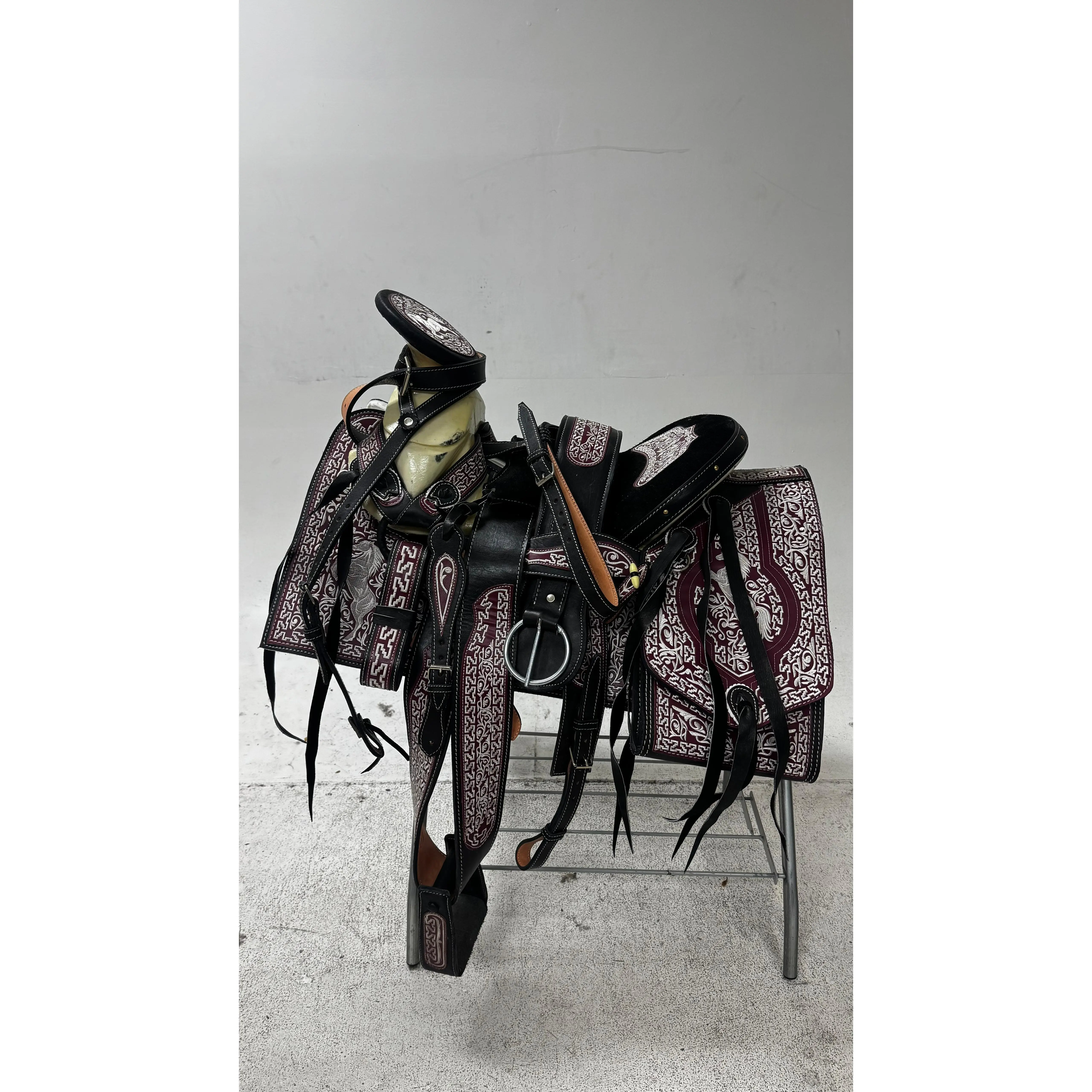 Charro Saddle – Black Leather with Burgundy & White Embroidery (15.5”) “El Potro”