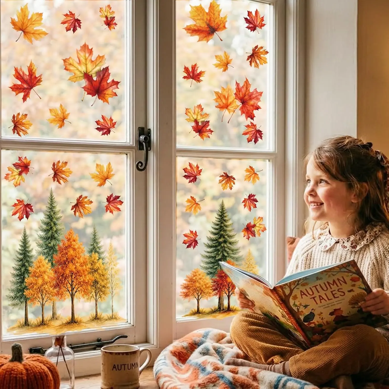 9 Sheets Fall Autumn Leaf Window Clings Thanksgiving Decorations Decals for Glass Windows & Doors for Home Office Classroom Indoor Holiday Party