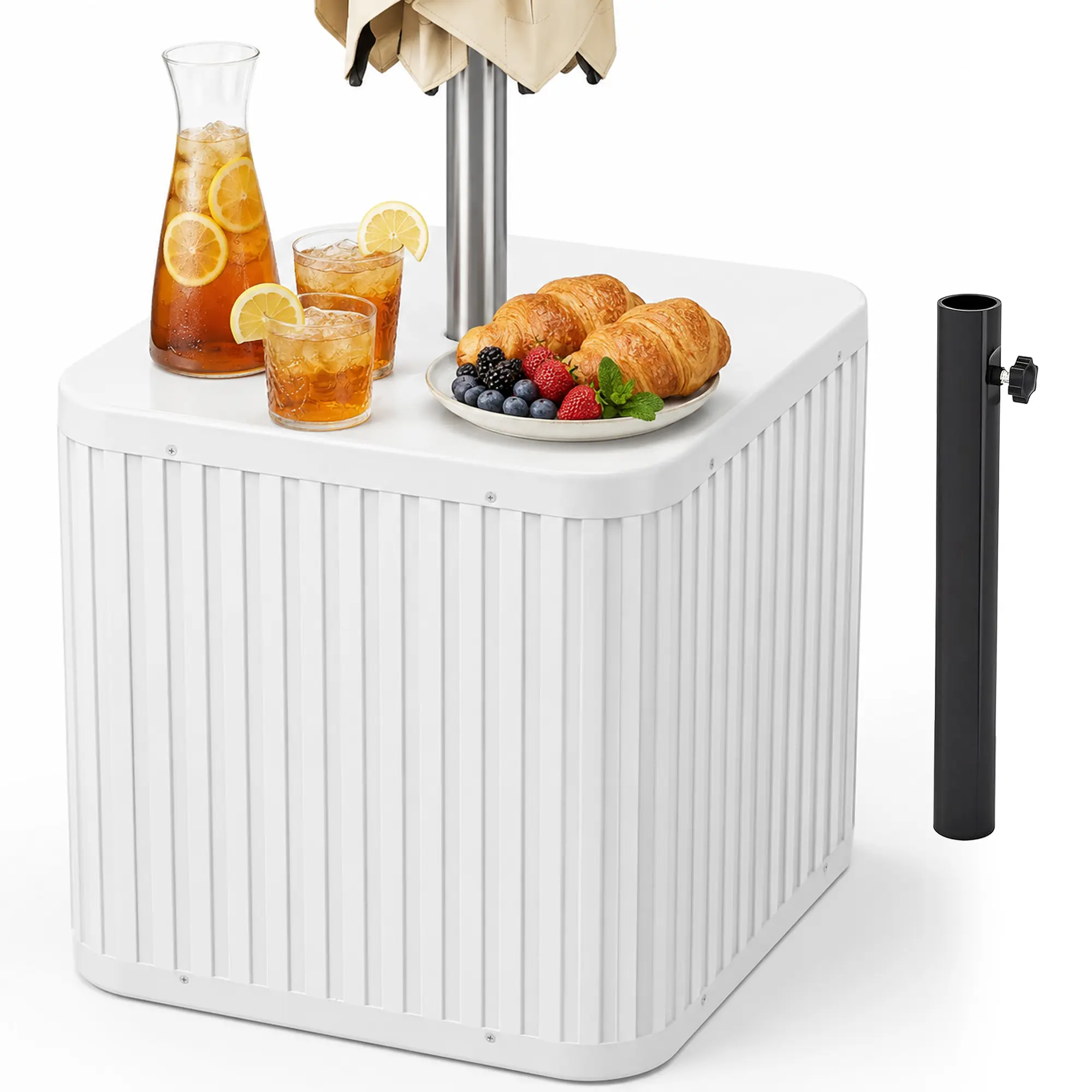 Ribbed Look Vertical Grooves Outdoor Umbrella Side Table with Holder - White Weather-Proof Patio Table for Garden, Balcony (Requires Umbrella for Use)