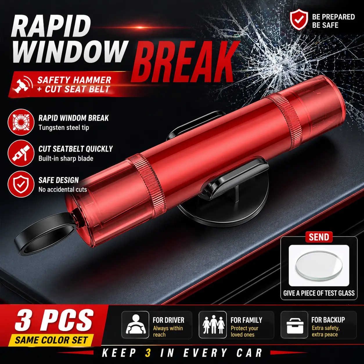 3 Pack 2-in-1 Emergency Escape Tool – Car Window Breaker & Seatbelt Cutter, Dual Head Safety Hammer, Life Saving Auto Tool