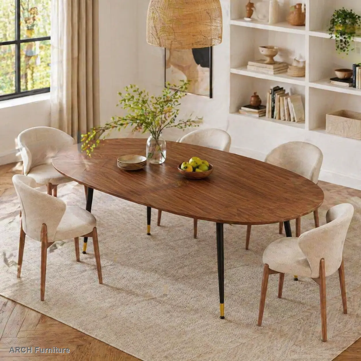 ARCH Walnut Oval Expandable Dining Table - MDF Top Modern Compact Dual-Purpose Heavy-Duty Child-Friendly Kitchen Table with Sturdy Metal Legs, Seats 6-10 for Dining Room, Child-Friendly Dining Tables, Compact Dining Tables