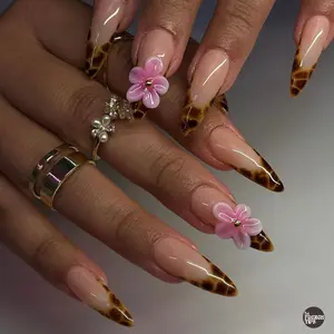 Bubble Nailart | Tortoise Shell French with 3D Pink Flowers Handmade Press On Nails REUSABLE Gel