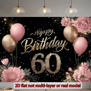 Rose 60th Birthday Backdrop Banner with Balloon and Sequin Design, Perfect for Birthday Celebrations and Party Supplies, Indoor and Outdoor Decoration, Glitter Photo Backdrop