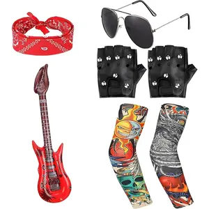 X-CPA03   7Pcs Kids Rockstar Costume Set with Inflatable Guitar, Women's Premium Rocker Outfit Heavy Metal Accessories, Ultimate Rock Look for Halloween Party, Girls & Boys