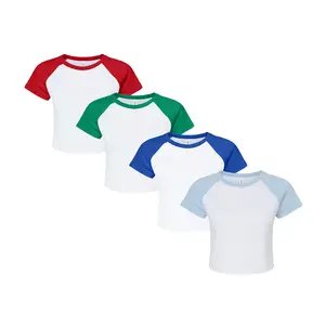 Bella Canvas Women's Raglan Crop T-Shirts, Multi Pack Polycotton Micro Rib Baby Bulk Undershirts - 8 Different Color Slim Fit Crew Neck Tees