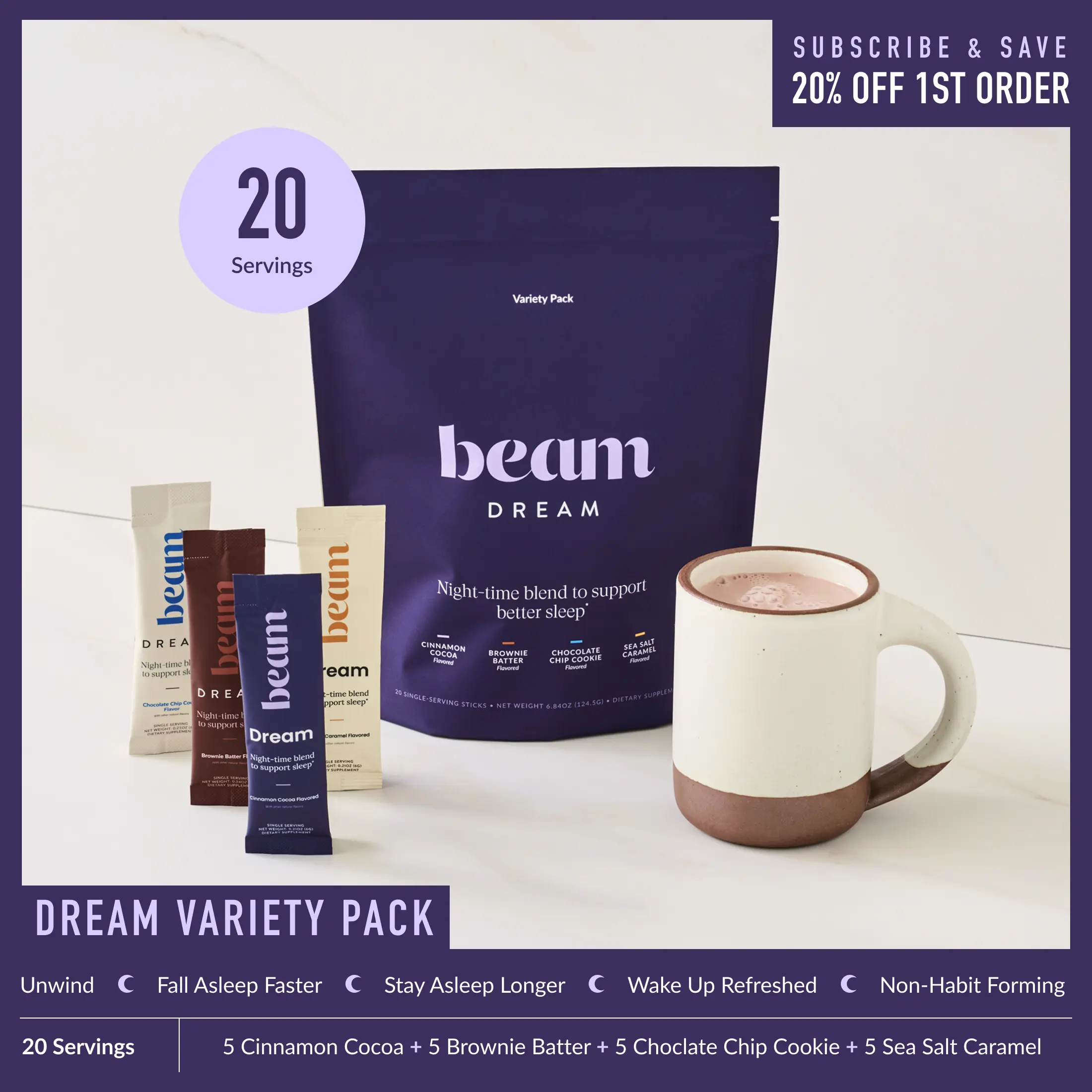 Beam Dream Nighttime Hot Cocoa Variety Pack - 20 Sticks Dietary Nutrition Supplement Deep Sleep Aid, 4 Flavors (Including Cinnamon) with Melatonin, L-Theanine, Magnesium, No Added Sugar