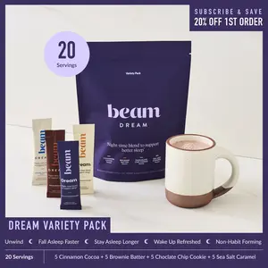 Beam Dream Nighttime Hot Cocoa Variety Pack - 20 Sticks Dietary Nutrition Supplement Deep Sleep Aid, 4 Flavors (Including Cinnamon) with Melatonin, L-Theanine, Magnesium, No Added Sugar