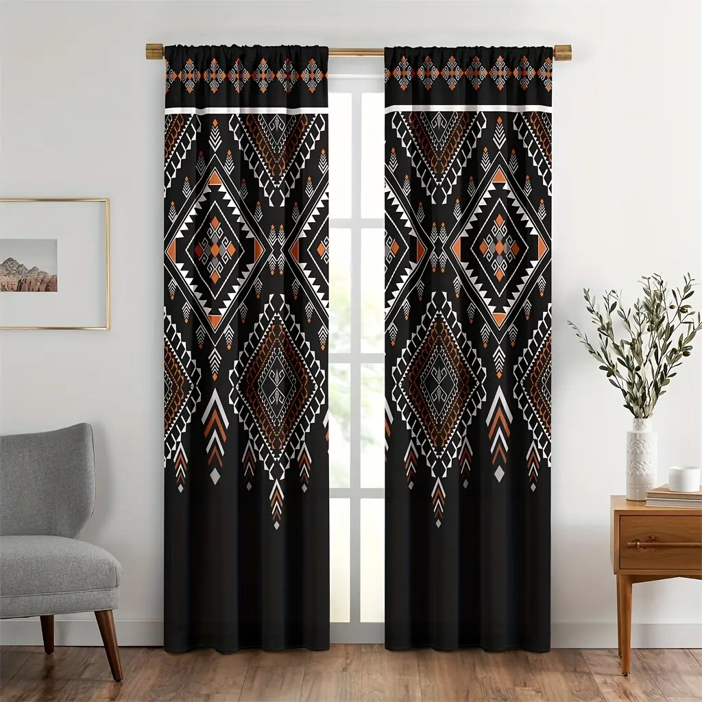 2pcs Bohemian Tribal Window Curtains, Rustic Vintage Tribal Geometric Pattern Print Window Drapes, for Living Room Bedroom