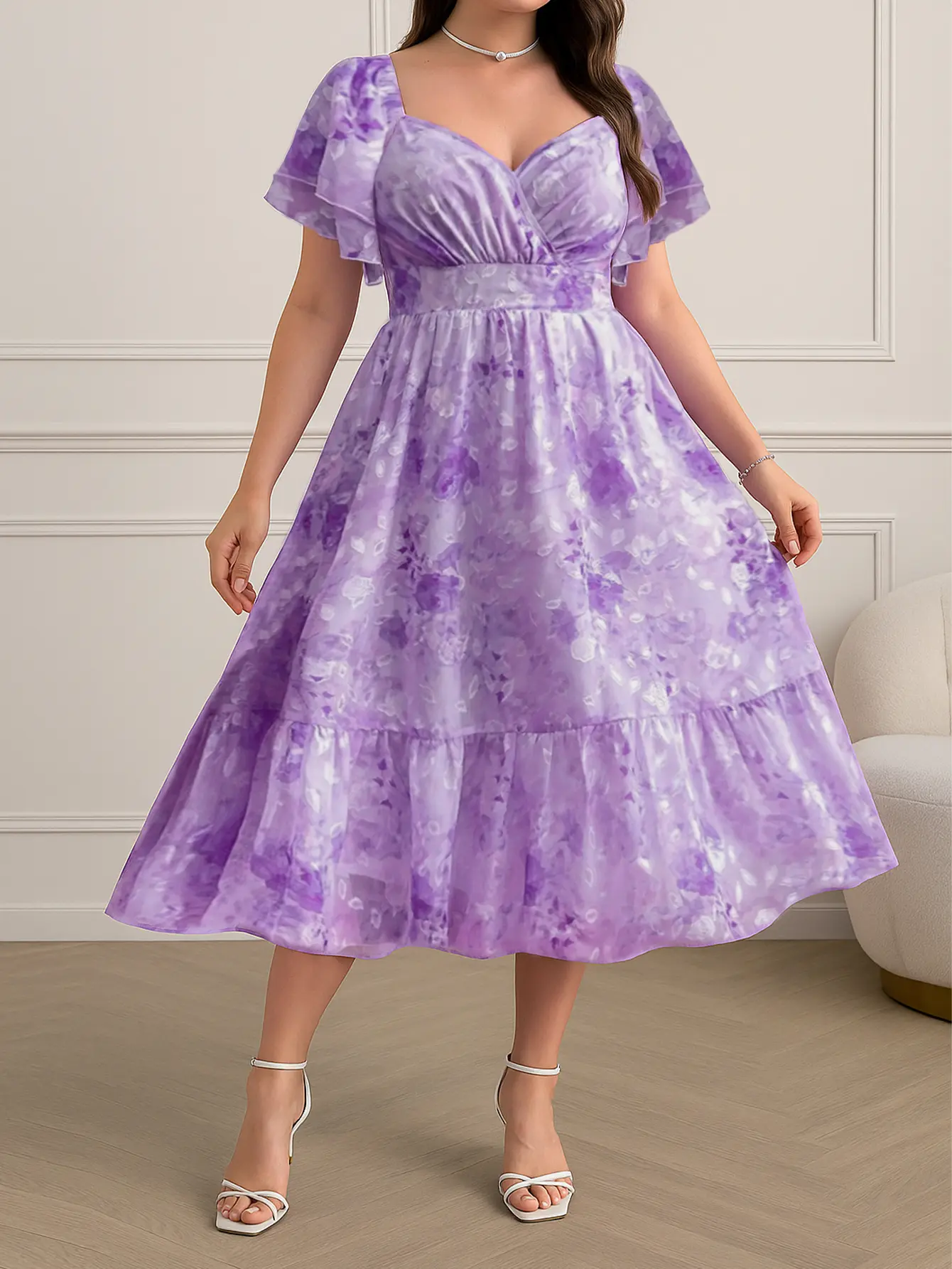 Wendy Tiana Women's Floral Print Tie Shoulder Cami Dress Purple Chevron Pattern Fitted Silhouette Casual Formal Summer Vacation Dress