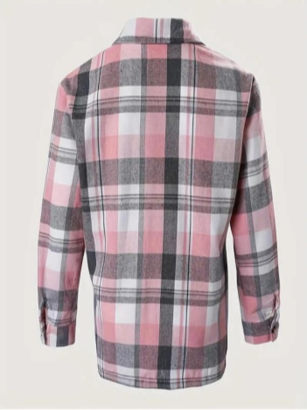Color Block Plaid Collared Shirt Jacket, Wide Loose Casual Shirt for Everyday Wear, Versatile Layering Top for Women