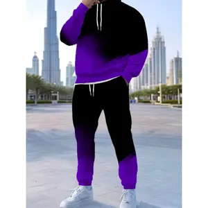 Purple Black Gradient Splicing Pattern All Over Digital Printed Men's Suit Sweatshirt Men's And Women's Couple Hoodies Fashion Pullover With Pockets Long-sleeved Hooded Sweatshirt + Drawstring Casual Trousers 2-piece Suit