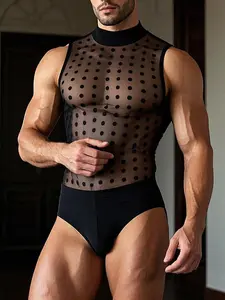 INCERUN Men's Fashion Masculine Sexy Jumpsuit, Polka Dot Sheer Mesh Half High Neck Sleeveless Bodysuit, Perfect for Daily Wear