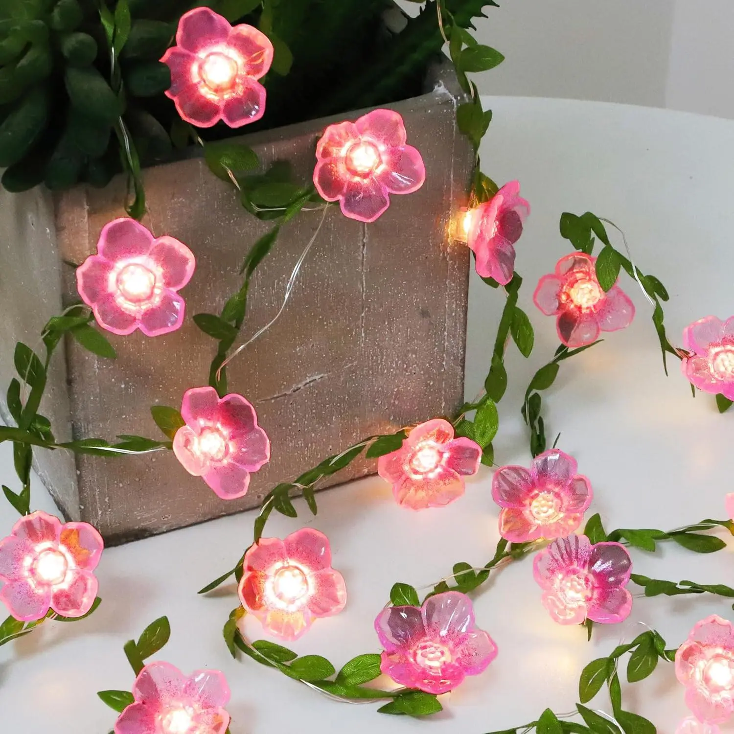Cherry Blossom Decor Flower String Lights Vines with Fairy Lights Christmas, 30 LED Copper with Remote Control  Operated  Flower Garland Leaf for Locker,Bedroom, Wall,Christmas Decorations