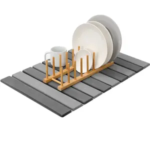 MHM Stone Dish Drying Mat – Volcanic Diatomaceous Earth from Changbai Mountains – Fast-Absorbing, Heat Resistant, Bamboo Rack Included – Eco-Friendly, Minimal Kitchen Drying Mat