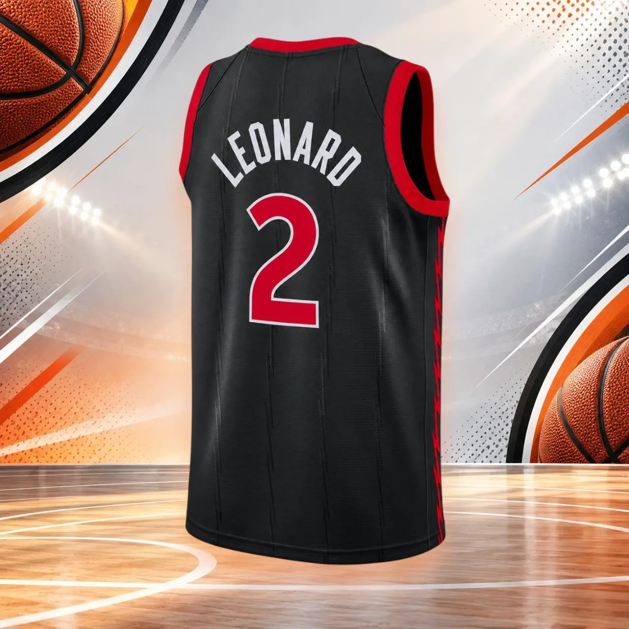 All Print Leonard #2 Basketball Jersey Shirt, Black Red V Neck Sleeveless Mesh Tank Top, Unisex Breathable Athletic Sportswear, Retro Basketball Fan Apparel, Game Day Outfit, Casual Streetwear