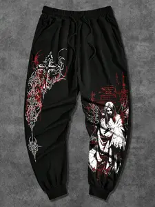 Men's Loose Fit Graphic Jogger Pants, Unique Graphics, Gothic Angel & Cross Pattern, Dark Gothic Street Style, Drawstring Waist, Casual Wear