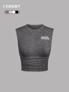 Women's Letter Print Round Neck Crop Tank Top, Workout Tank Tops, Fitness Tank Top, Casual Sleeveless Top for Daily Wear, Ladies Clothes for Summer, Socks