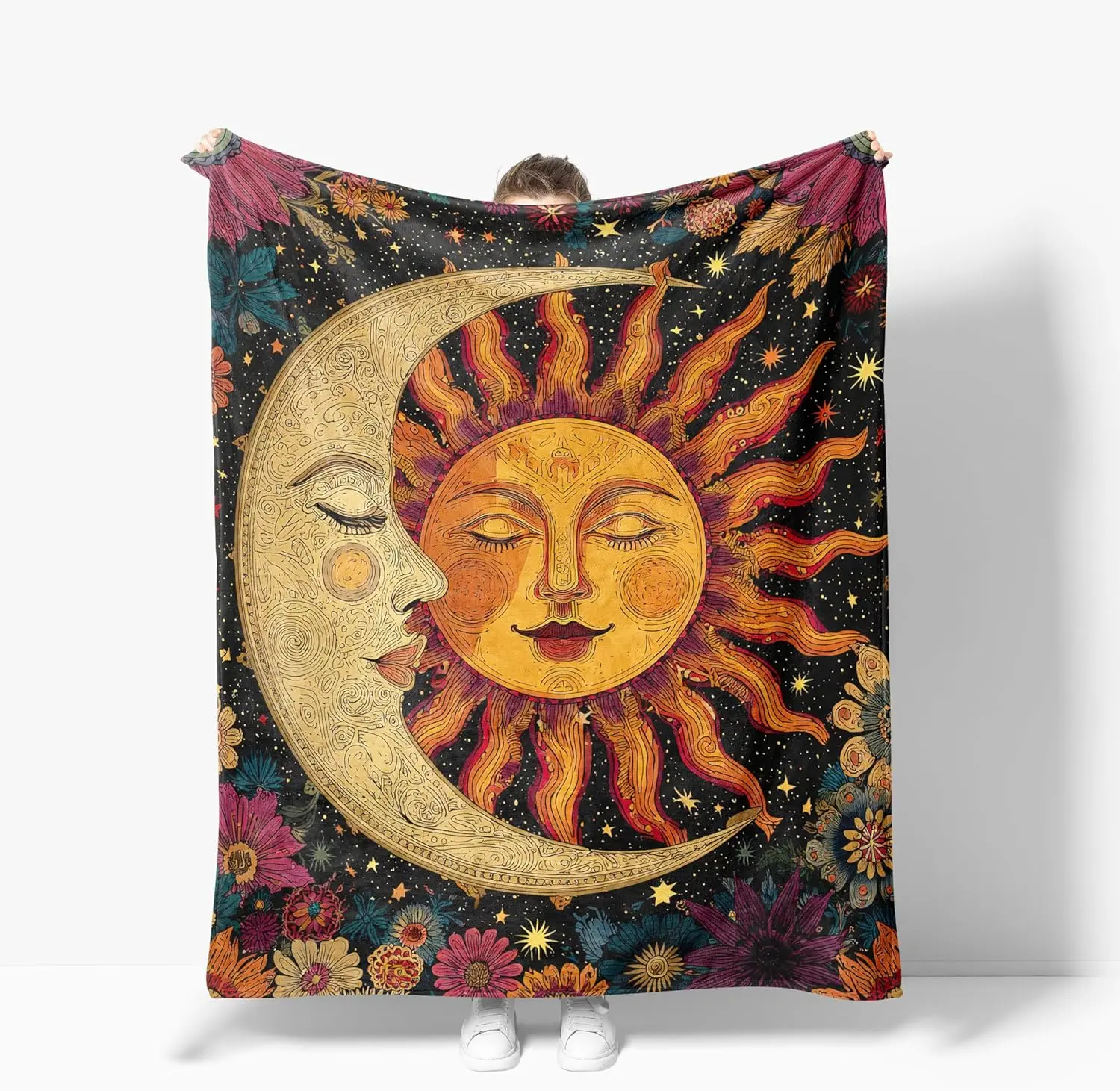 Celestial Sun and Moon Print Throw Blanket - Warm, Soft Flannel, Lightweight Fleece All-Season Blanket - Decorative Gift for Adults