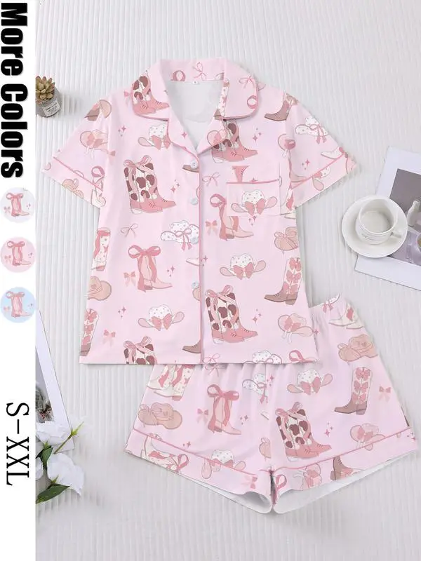 Cowboy Boots Pajama Set for Women, Western Print PJs, Short Sleeve Shirt and Elastic Shorts, Comfortable Sleepwear Gift