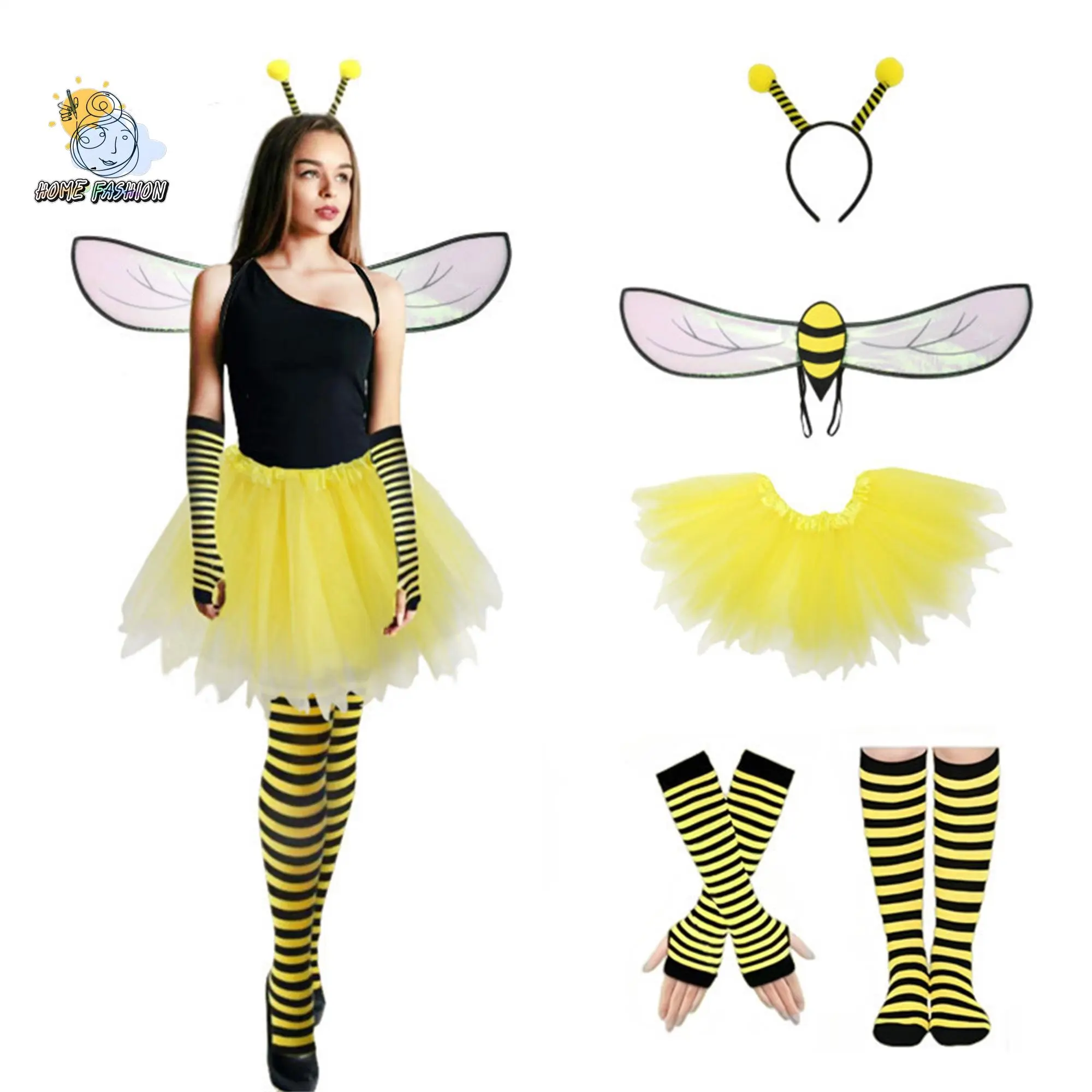 Women Bee Costumes Cute Bee Wings Tulle Skirt Headband Stripe Gloves Socks Set for Cosplay Role-Playing Party Outfits