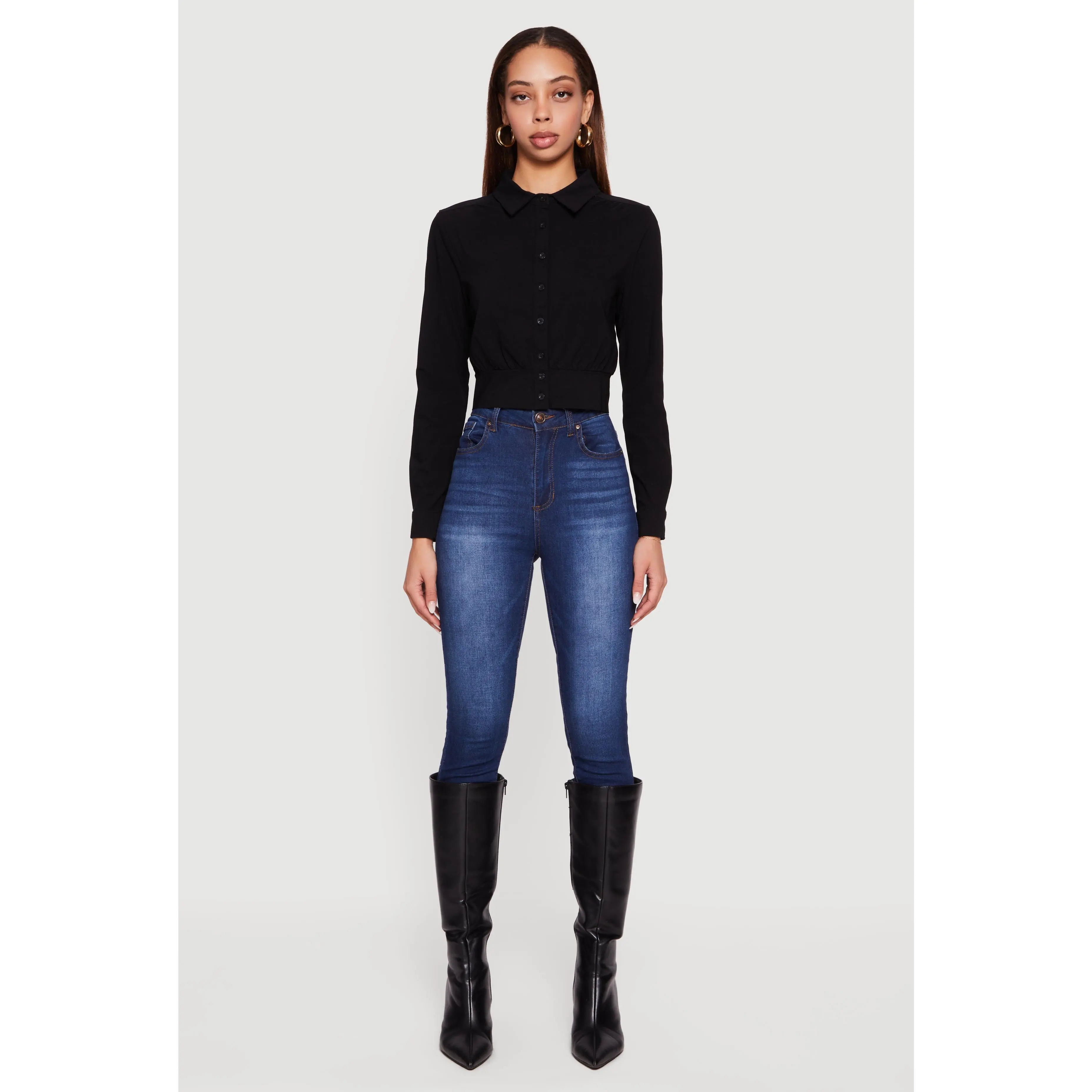 Cropped Long Sleeve Button Front Smocked Back Shirt