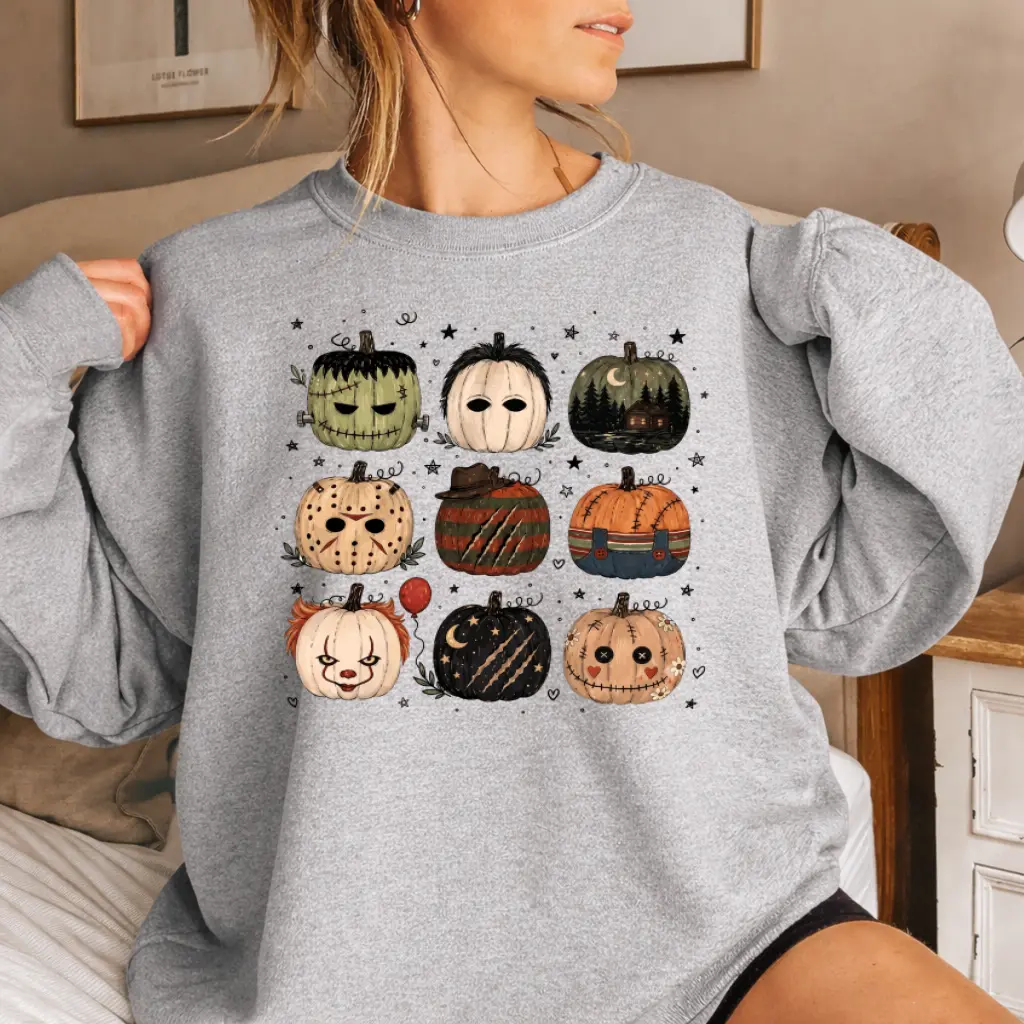 Horror Movie Pumpkins Sweatshirt, Spooky Halloween Crewneck, Scary Pumpkin Graphic Pullover, Retro Horror-Inspired Fall Sweater, Cozy Halloween Gift