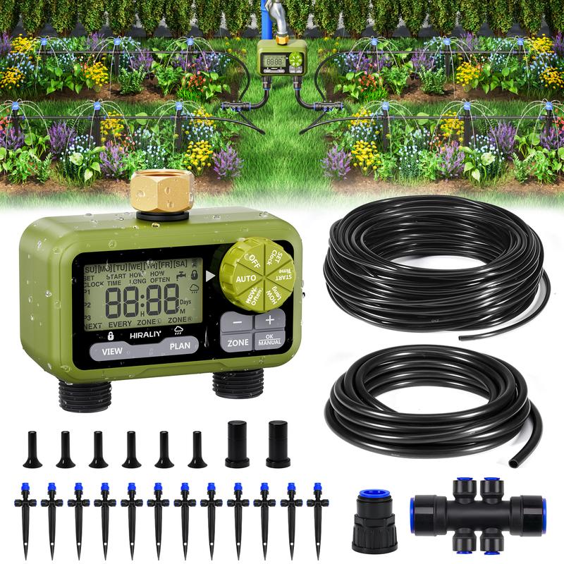 HIRALIY 50FT Drip Irrigation Kit with Garden Water Timer-2 Zone ...