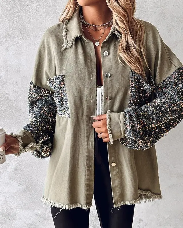 Contrast Sequin Raw Hem Shacket
