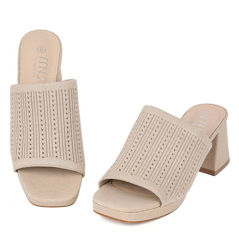 MUSSHOE Women's Formal Knit Chunky Heel Mules - Open-Toe Slip-On Platform Dress Sandals, Padded Insole, Faux Leather (Sizes 6-11), Chunky Heel Sandals