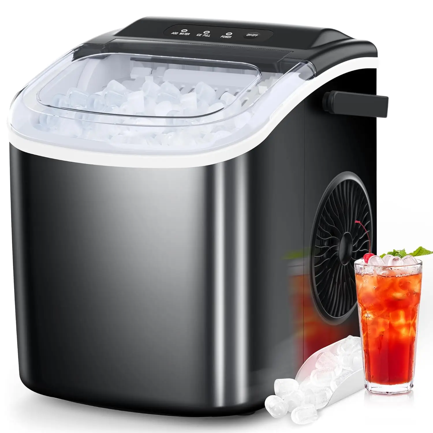 COWSAR Bullet Ice Maker Countertop, Staninless Steel or ABS Plastic,  with Self-Cleaning, 26.5lbs/24Hrs, 6 Mins/9 Pcs Bullet Ice, Portable Ice Maker f