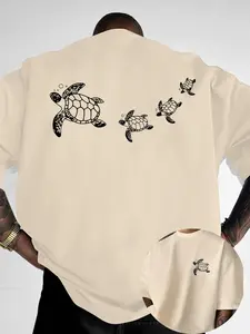 Men's Turtle Pattern Printed Casual Streetwear, Round Neck Short Sleeve T-Shirt, Summer Outdoor Sports Shirt, Fitted Animal Print Tee, Top