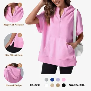 Womens Oversized Half Zip Hoodies Short Sleeve Casual Sweatshirts Pullover Tops with Pockets Leggings Loose Aesthetic parke mockneck sweatshirt comfort sweatshirts denim tear hoodie FallFreshness#Springtok#TikTokShopJumpstartSale