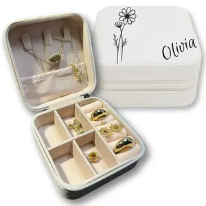 Custom Leather Jewelry Organizer Box with Name & Birth Flower Month - Personalized Travel Case for Women & Mom - Ideal Birthday Gift