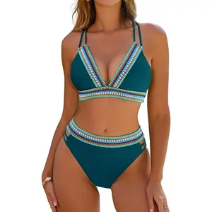 Womens High Waisted Bikini Sets Color Block Two Piece Swimsuit V Neck Crisscross Back Bathing Suit