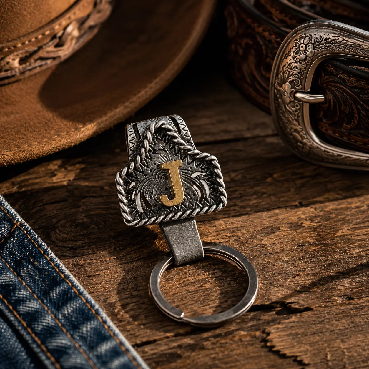 Western Cowboy Keychain Handmade Cow Tag Key Holder Personalized Copper Initial Rustic Texas Style Bag Charm Key Accessory for Men Women Ranch Rodeo Everyday Carry Gift
