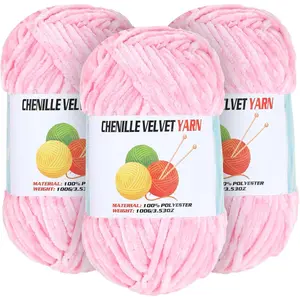 3*100g Soft Velvet Chenille Chunky Yarn for Crocheting Handcrafts Weaving, Clearance Yarn for Making Baby Blanket Clothes Knitting Creations (Pink)