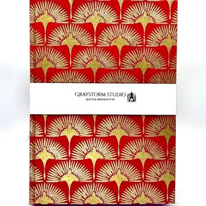 Silkscreened Gold Cranes on Red Lokta, Handcrafted B5 Hardcover Notebook